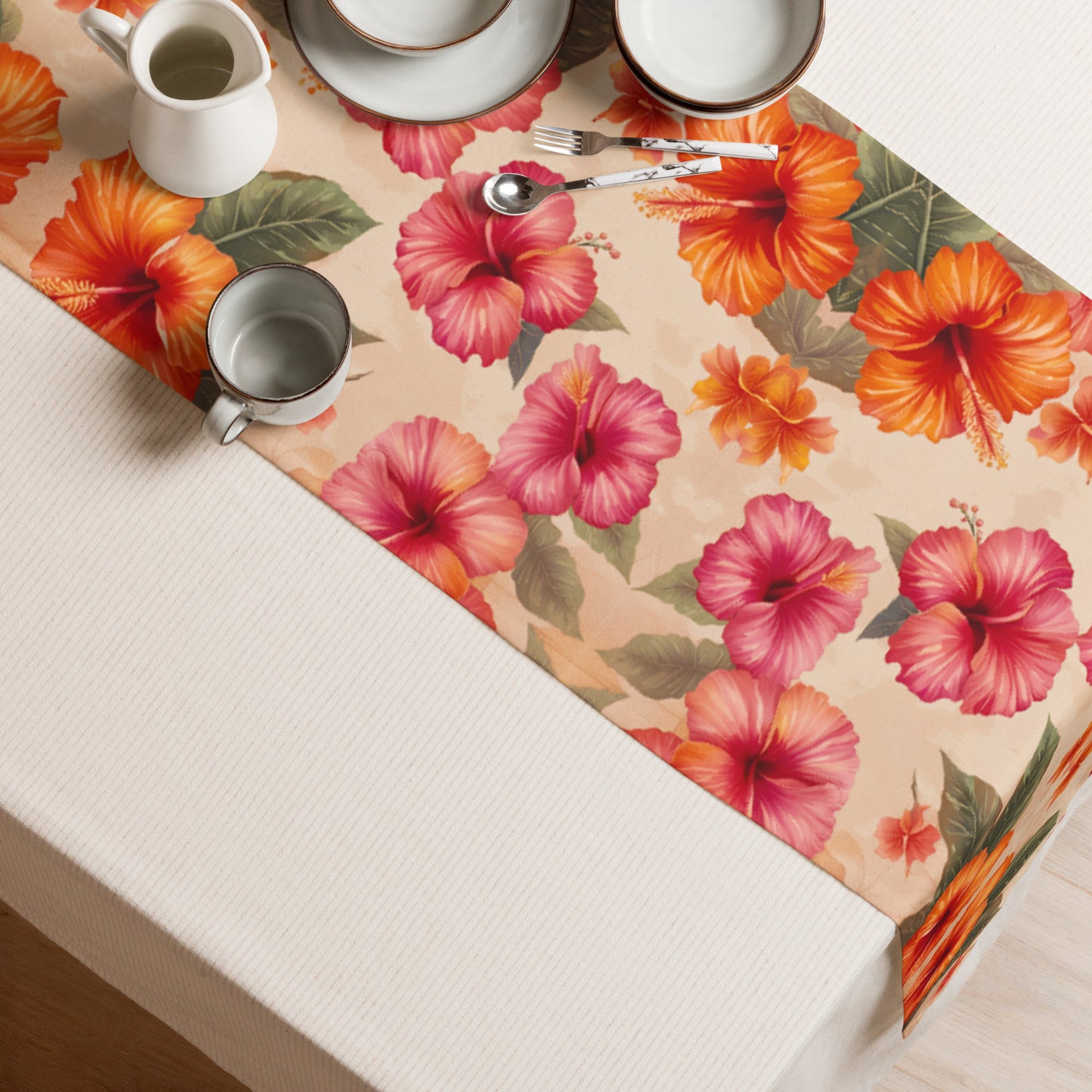 Pink and Orange Hibiscus Flowers Print Table Runner top view