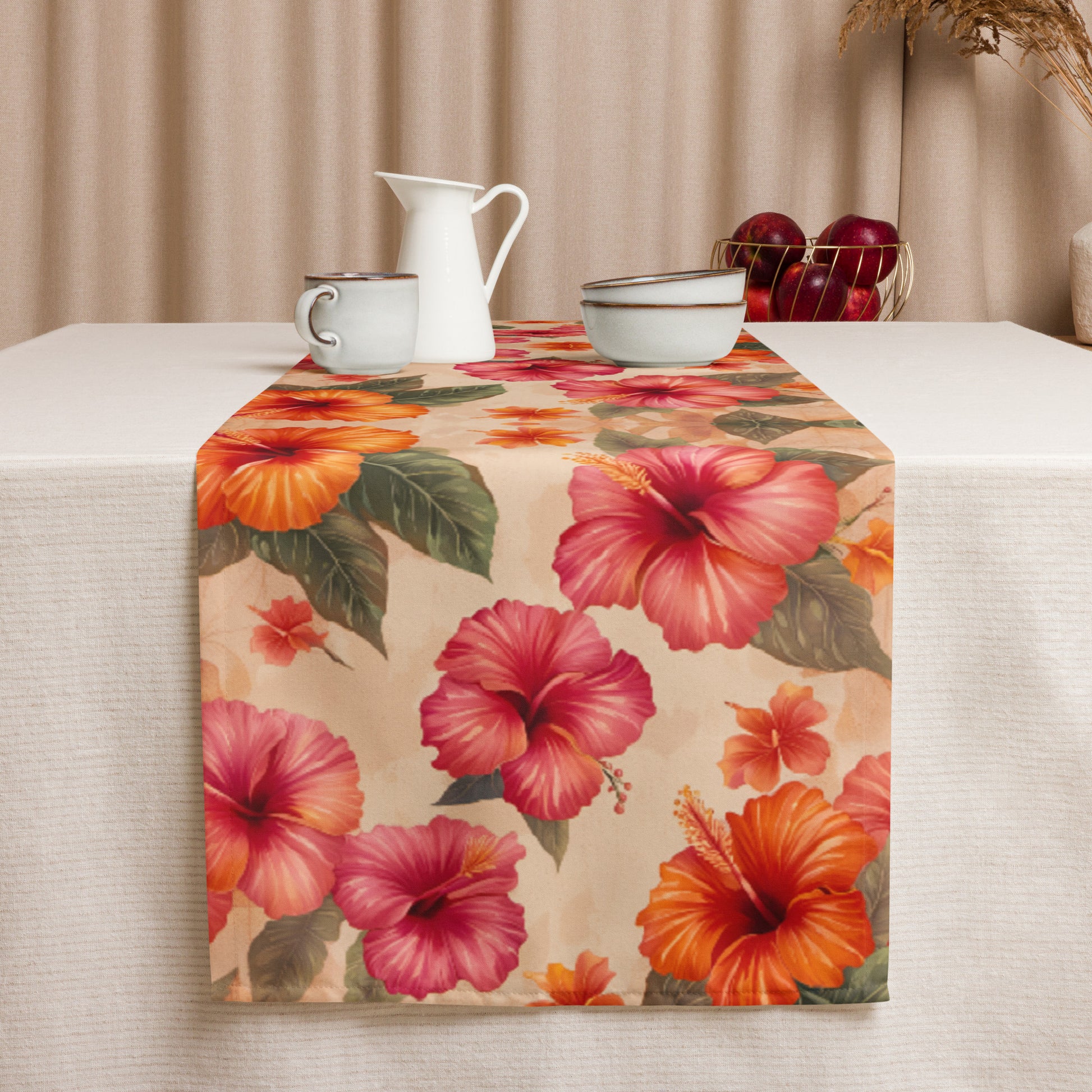 Pink and Orange Hibiscus Flowers Print Table Runner with coffee cups