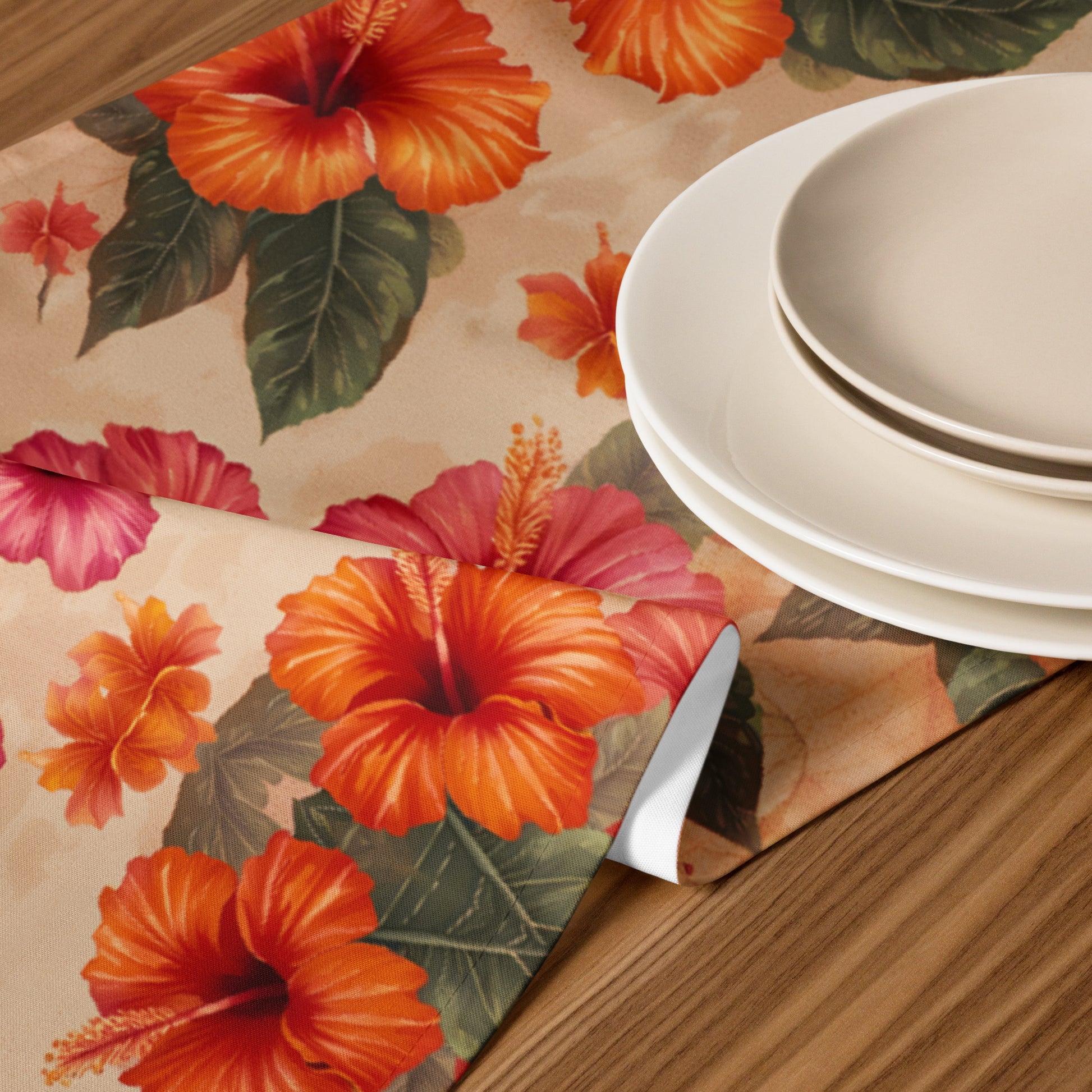 Pink and Orange Hibiscus Flowers Print Table Runner on table