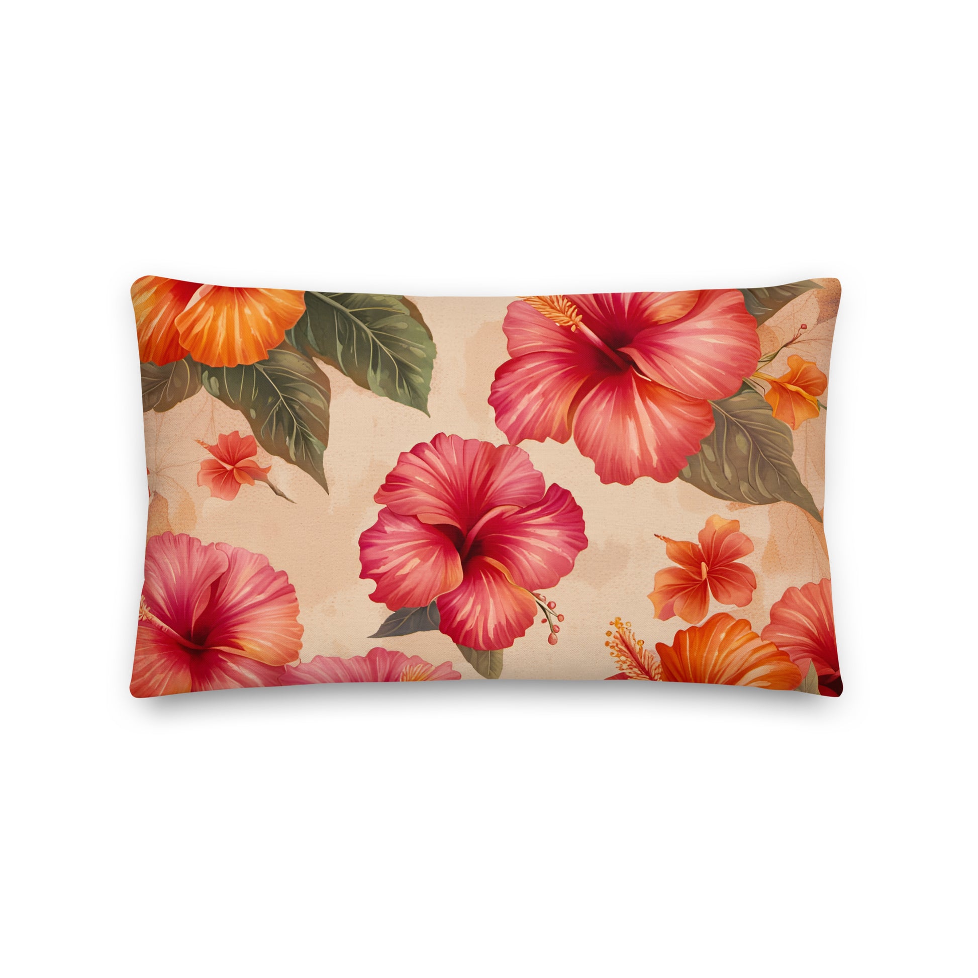 Premium Tropical Themed Lumbar Pillow 20x12 Pink and Orange Hibiscus Flowers Print