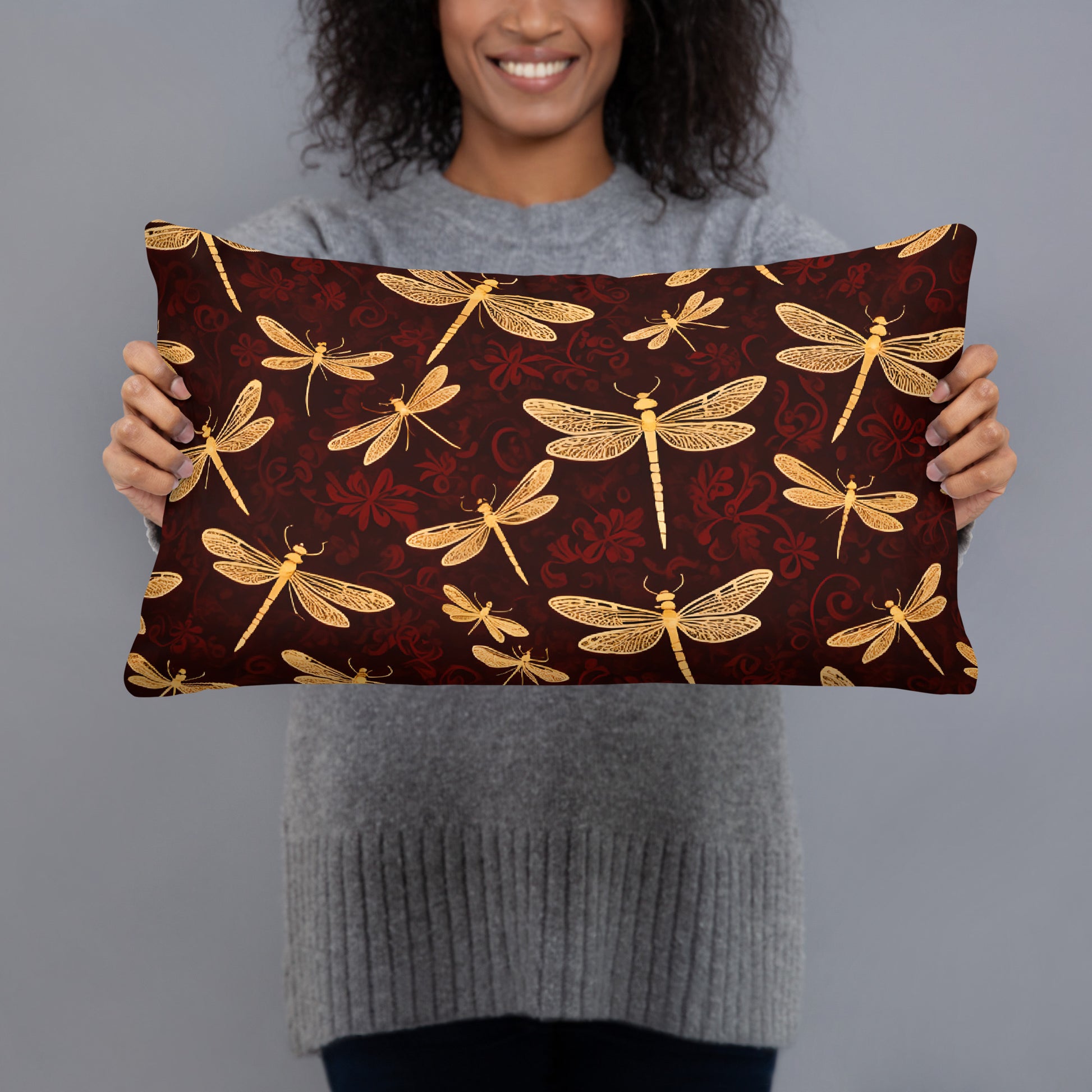 Premium Dragonfly Themed Lumbar Pillow 20x12, Flight on Golden Dragonflies on Velvet Red Background held