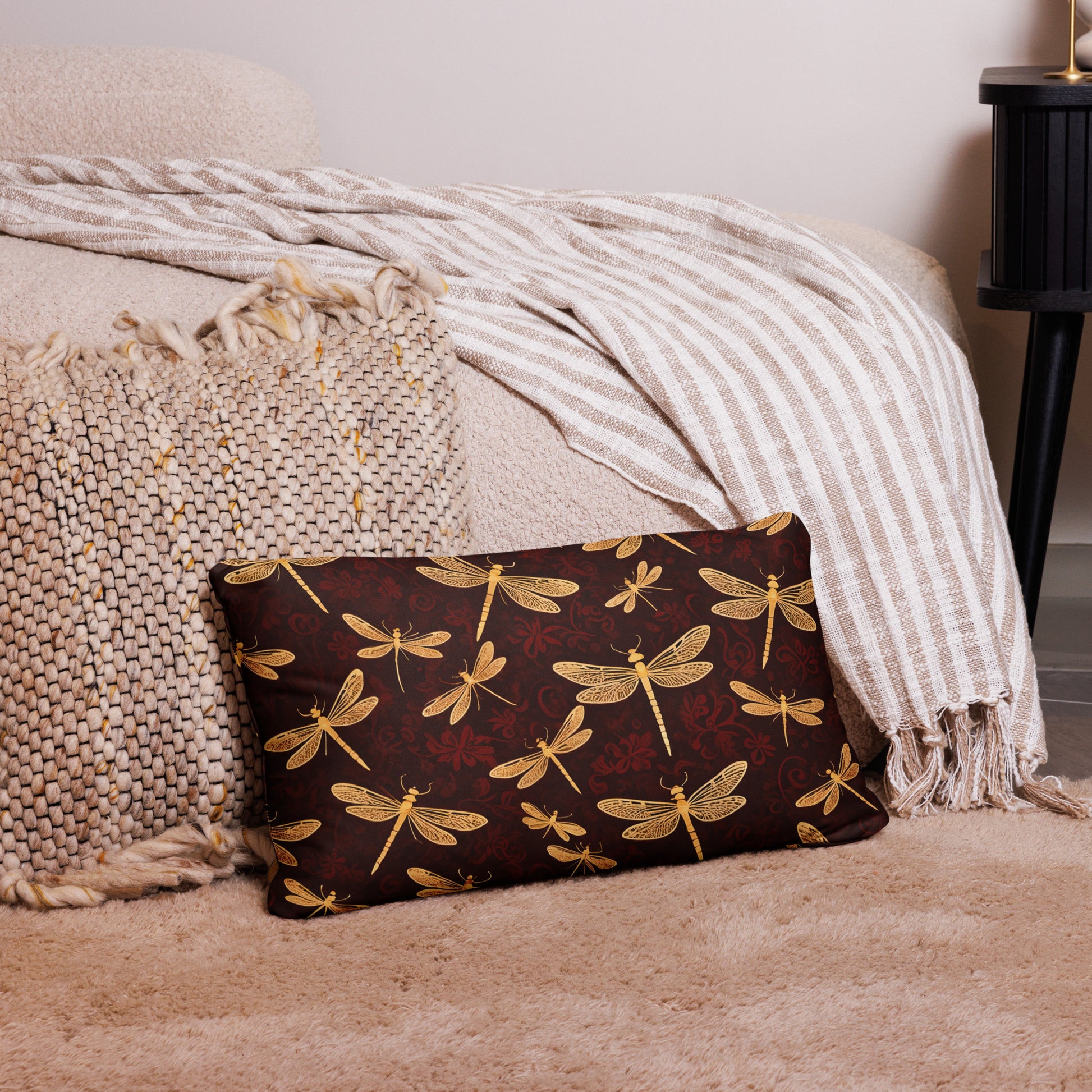 Premium Dragonfly Themed Lumbar Pillow 20x12, Flight on Golden Dragonflies on Velvet Red Background on floor