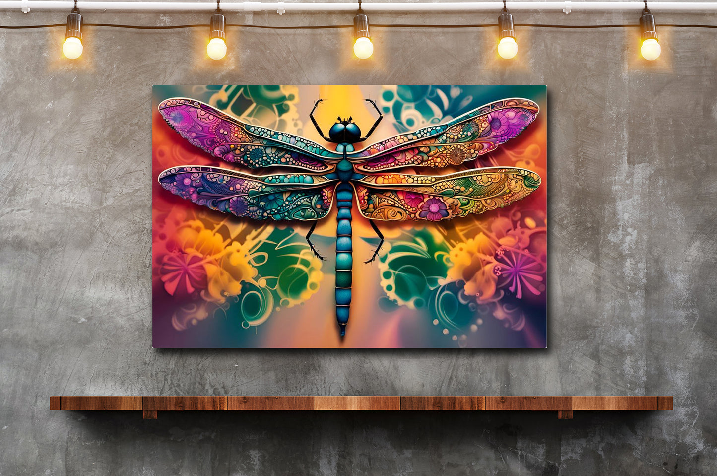 Psychedelic Dragonfly on Multicolor Background Printed on Eco-Friendly Recycled Aluminum hung