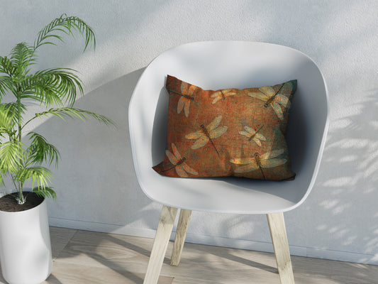 Double Sided Rectangular Throw Pillow Golden Dragonfly on Distressed Brown Background Print back on chair