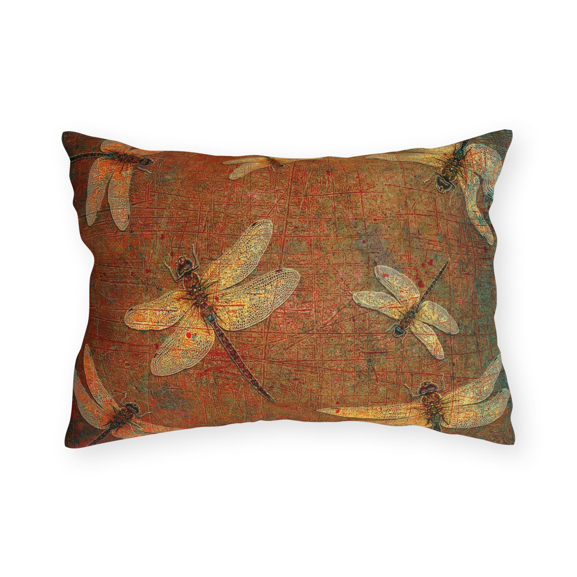 Rectangular Outdoor Pillows Golden Dragonfly on Distressed Orange Background back
