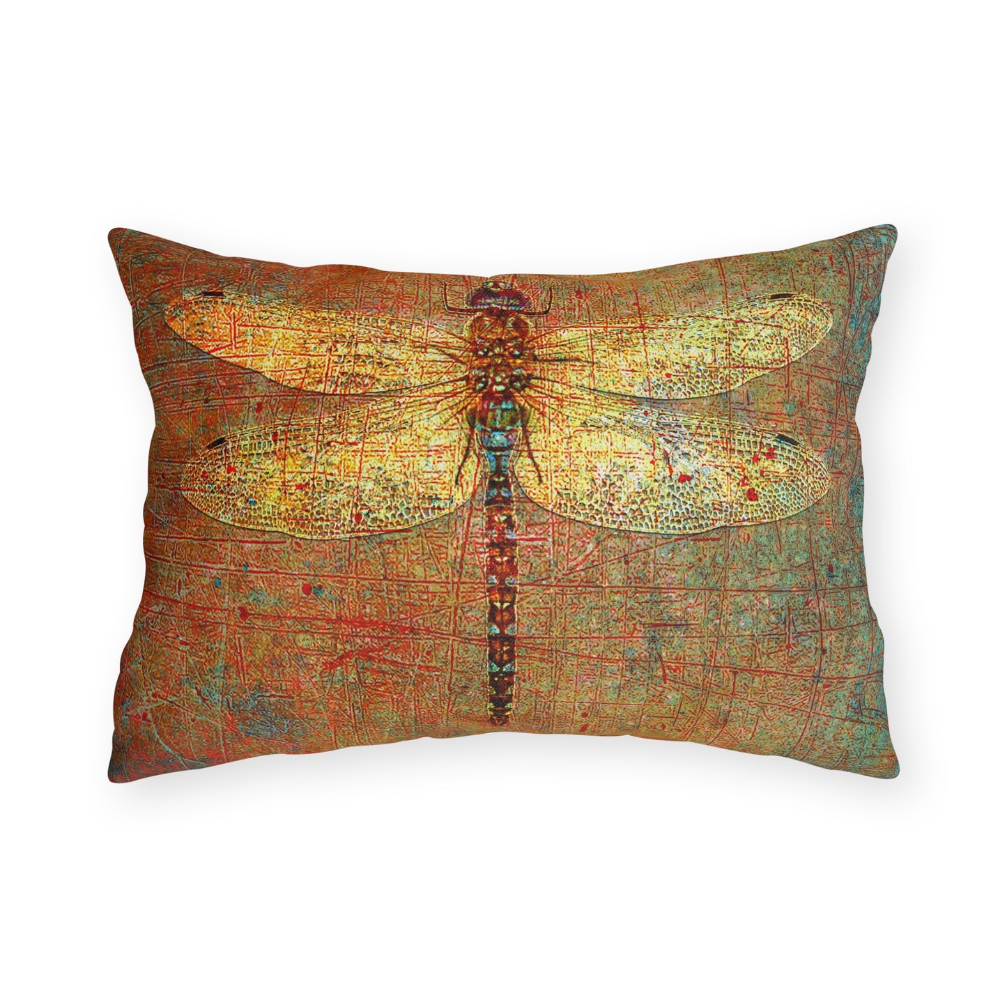 Rectangular Outdoor Pillows Golden Dragonfly on Distressed Orange Background front