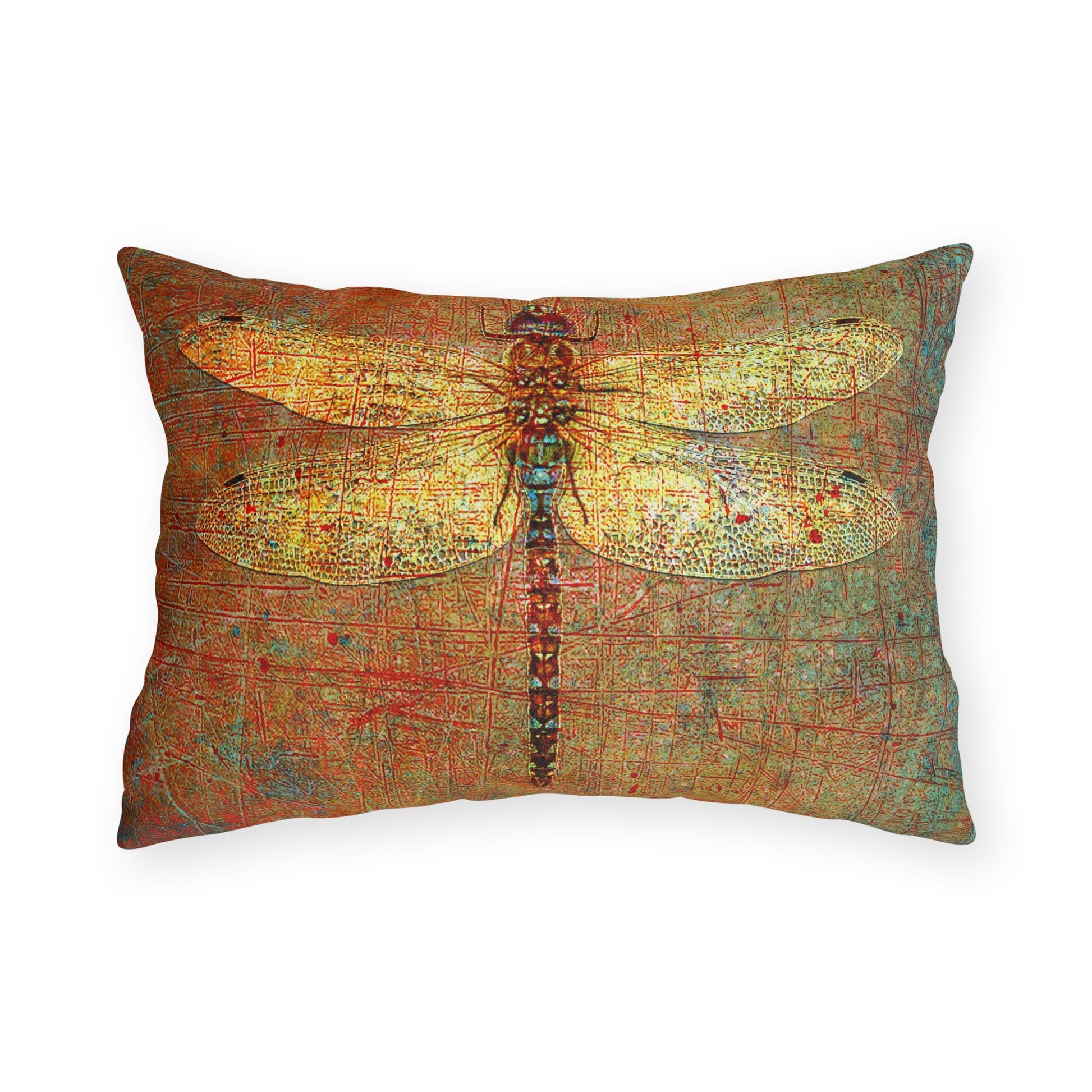 Rectangular Outdoor Pillows Golden Dragonfly on Distressed Orange Background front