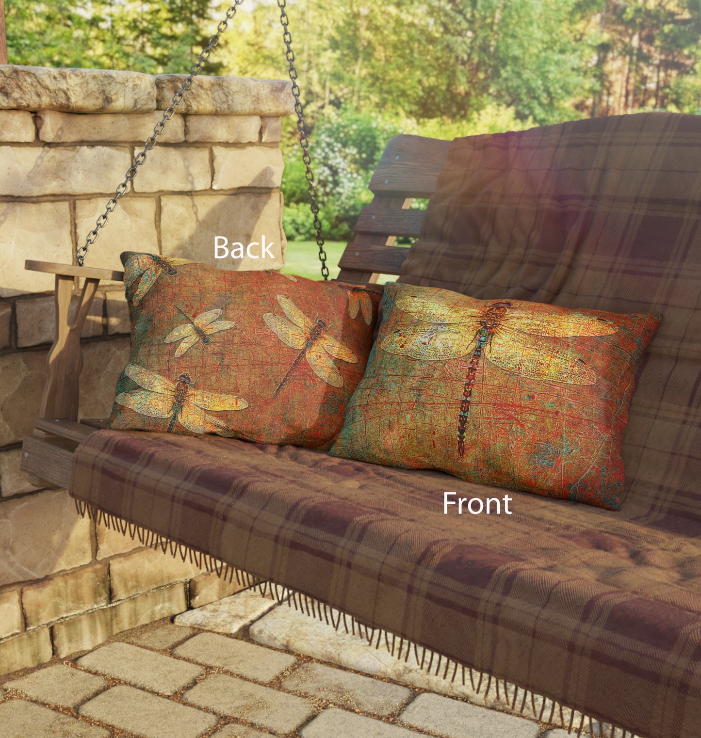Rectangular Outdoor Pillows Golden Dragonfly on Distressed Orange Background on swing