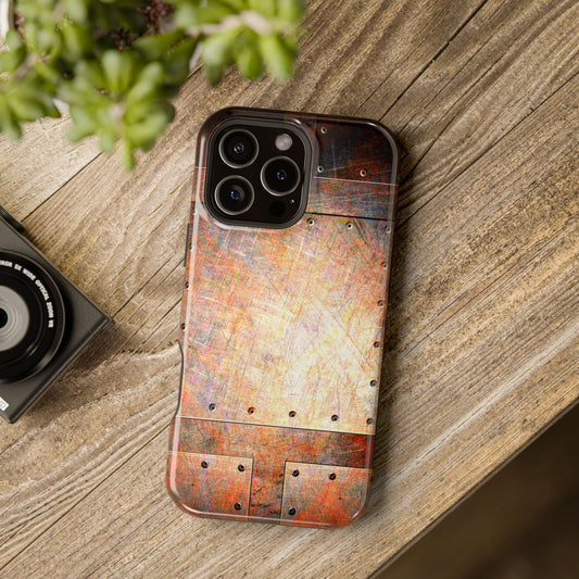 Magnetic Tough Cases for iPhone 16, Steampunk Themed Distressed Riveted Metal Plates Print on Phone Case for all models of iPhone 16