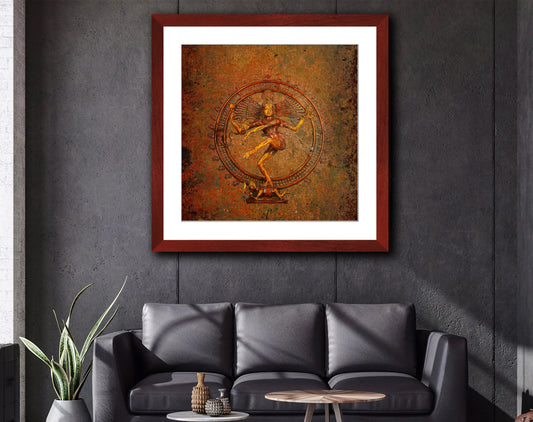 Shiva on a Distressed Background Print on Archival Paper in Cherry Color Wood Frame hung