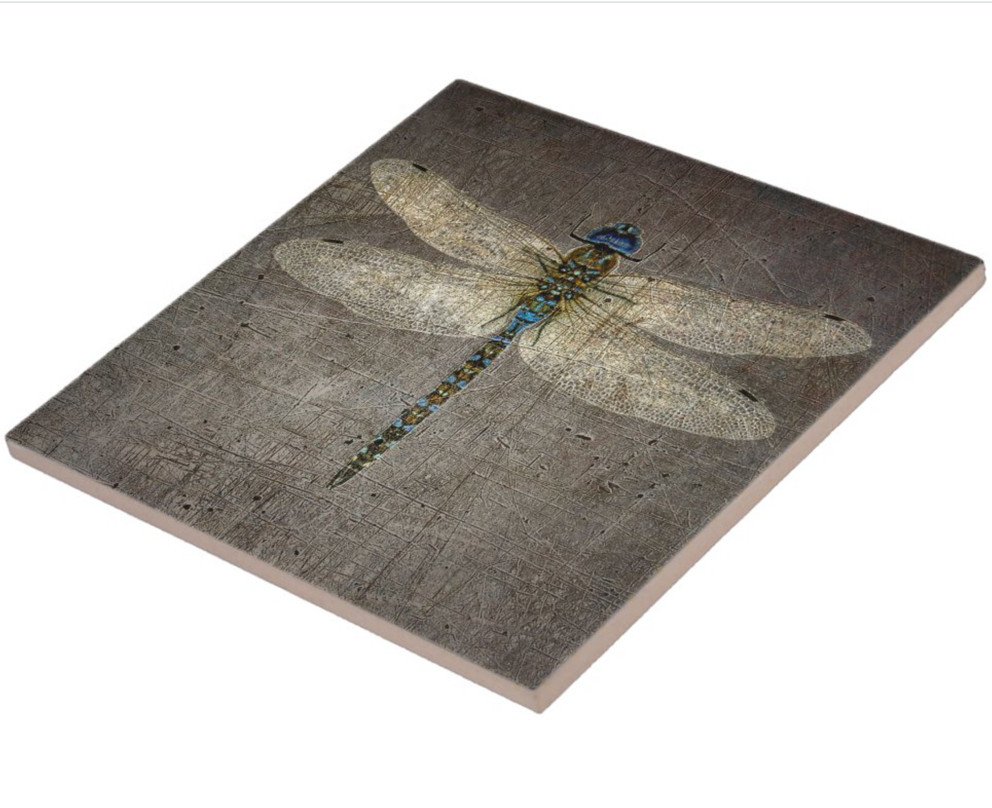 Collectible Ceramic Tile, Silver Dragonfly Print on a 8 by 8 Ceramic Tile 