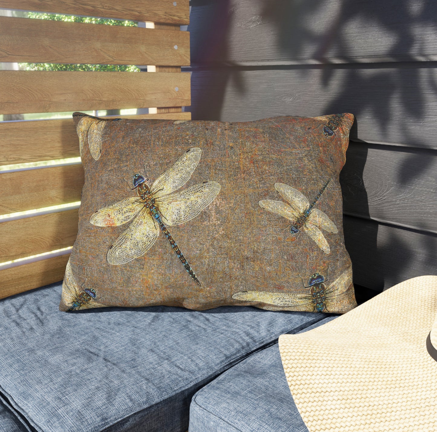 Silver Dragonflies on Distressed Background Print Rectangular Outdoor Pillow on patio