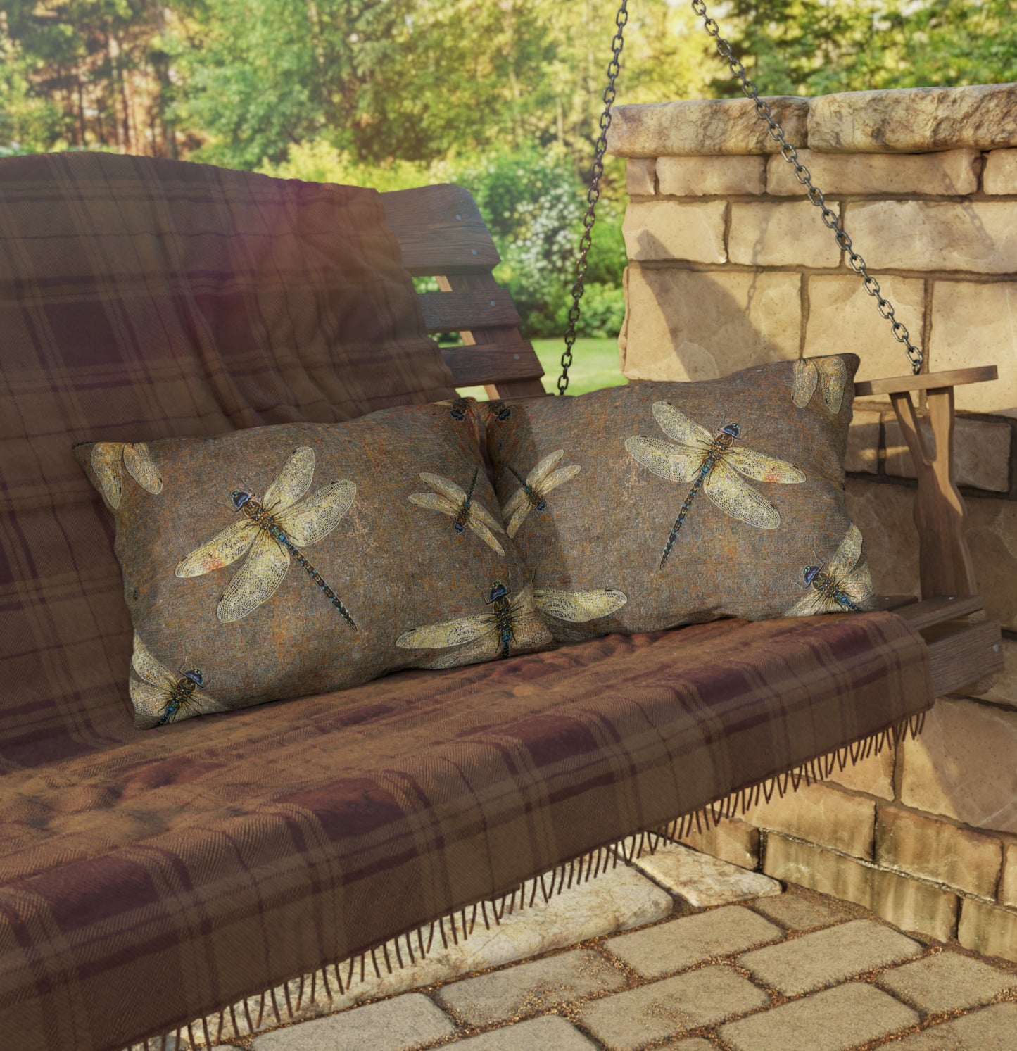Silver Dragonflies on Distressed Background Print Rectangular Outdoor Pillow on swing