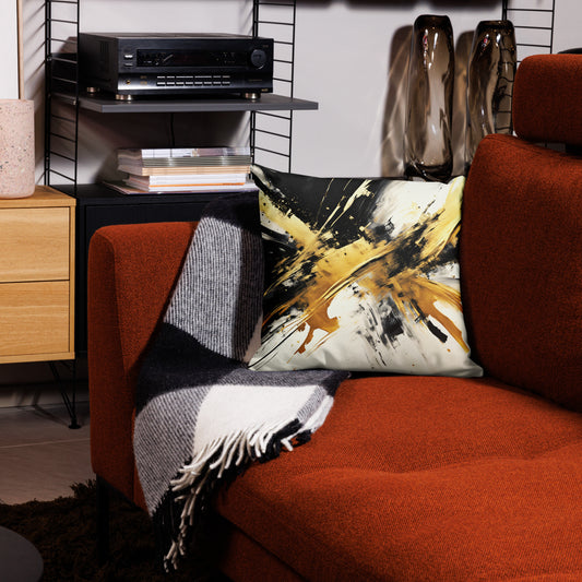 Splashing Gold Print Throw Pillow front view on red sofa