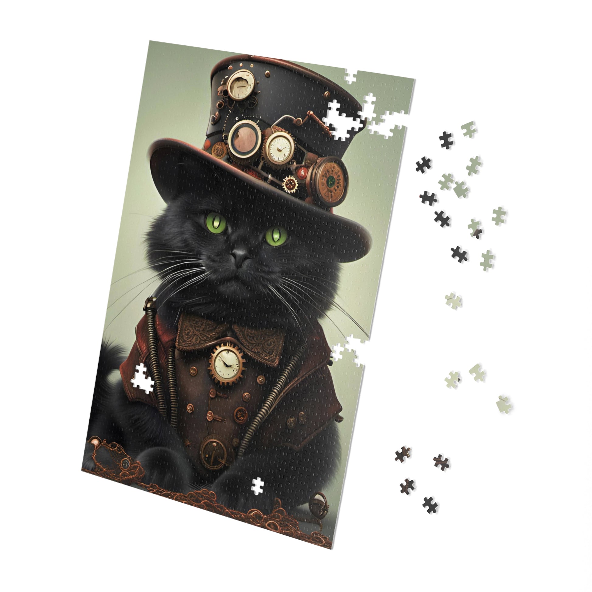 Black Cat with Top Hat in Steampunk Clothing 1000 Pieces Puzzle in progress