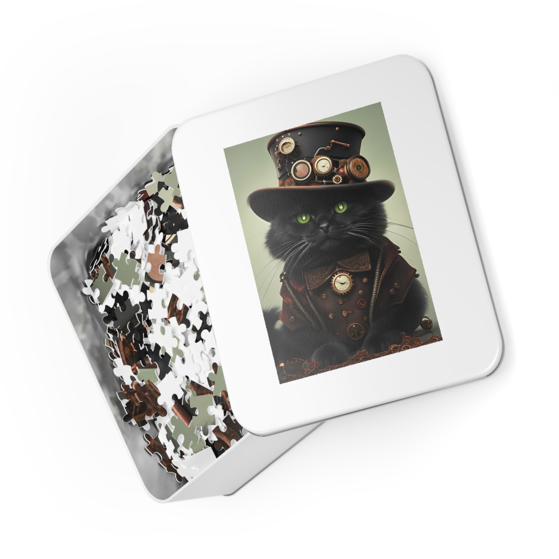 Black Cat with Top Hat in Steampunk Clothing 1000 Pieces Puzzle in tin