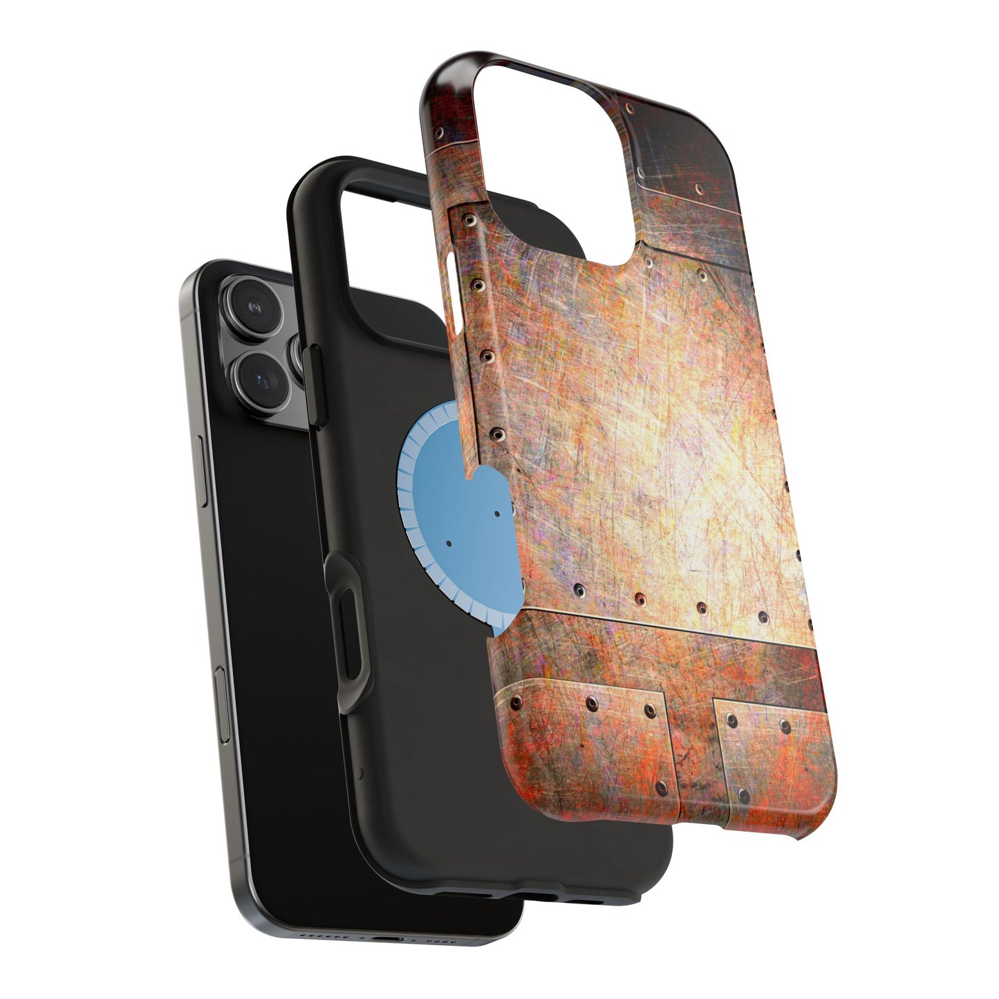 Magnetic Tough Cases for iPhone 16, Steampunk Themed Distressed Riveted Metal Plates Print on Phone Case for all models of iPhone 16 layers