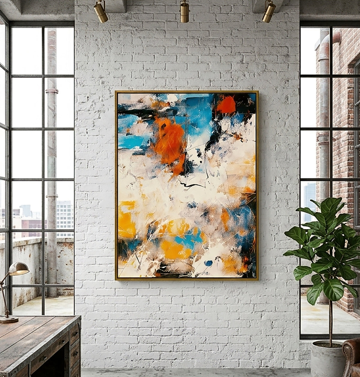 Modern Art Themed Decor.  Storm Print on Canvas in a Gold Floating Frame. Can be Hung Vertically or Horizontally