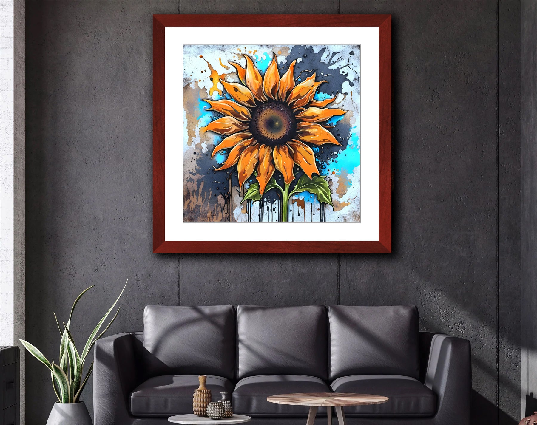 Street Art Style Sun Flower Print on Archival Paper in Cherry Color Wood Frame 3 sizes available