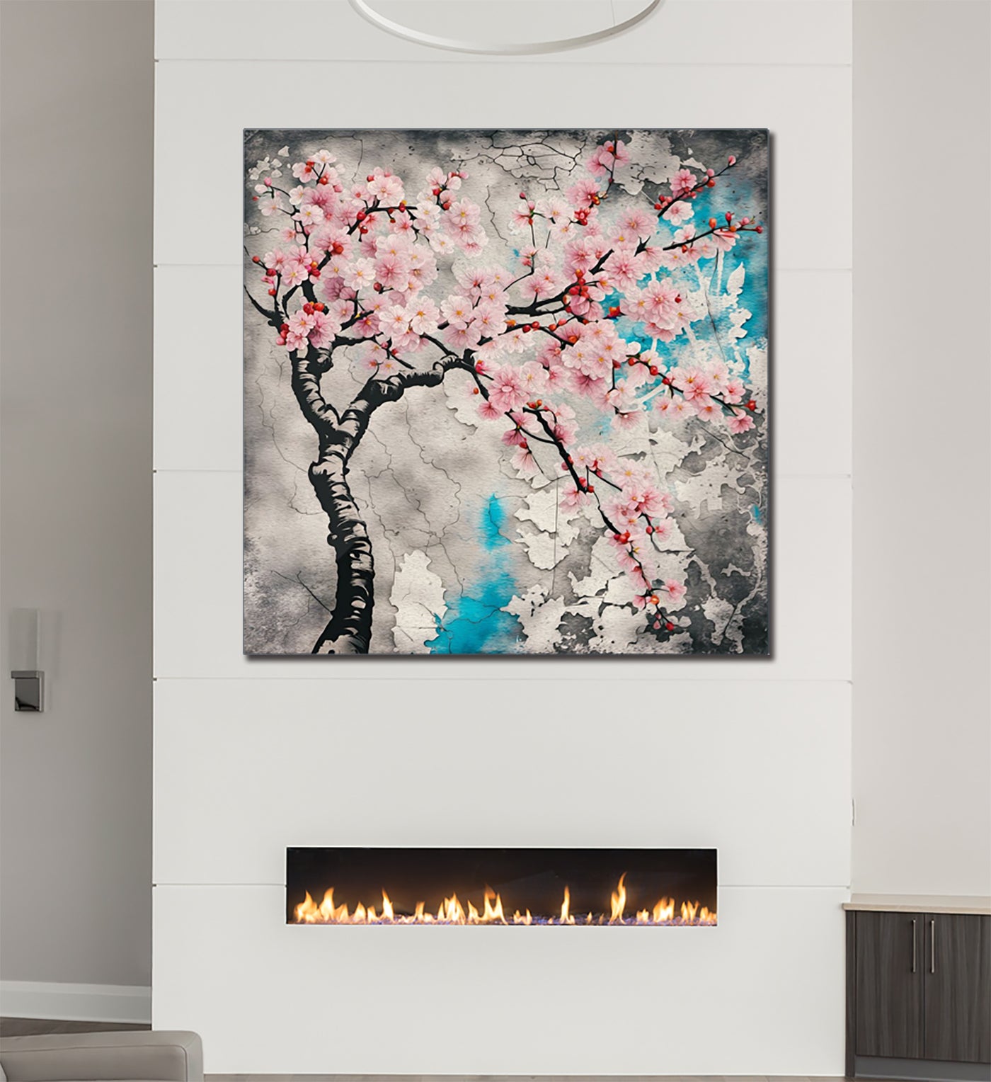 Asian Themed Wall Art - Street Style Cherry Blossoms Printed on Recycled Aluminum hung above fireplace