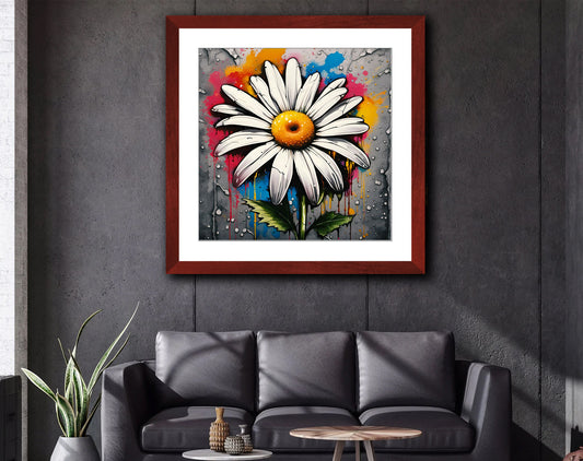 Street Art Style Daisy Print on Archival Paper in Cherry Color Wood Frame Hung on Wall
