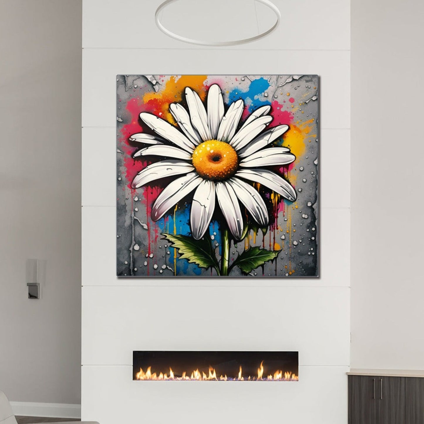 Street Art Style Daisy Printed on Recycled Aluminum hung above fireplace
