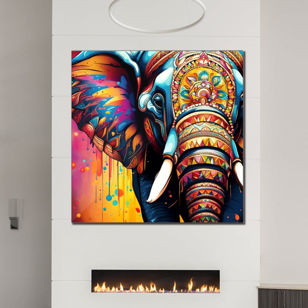 Stunning Multicolor Mandala Elephant Head Printed on Recycled Aluminum hung above fireplace