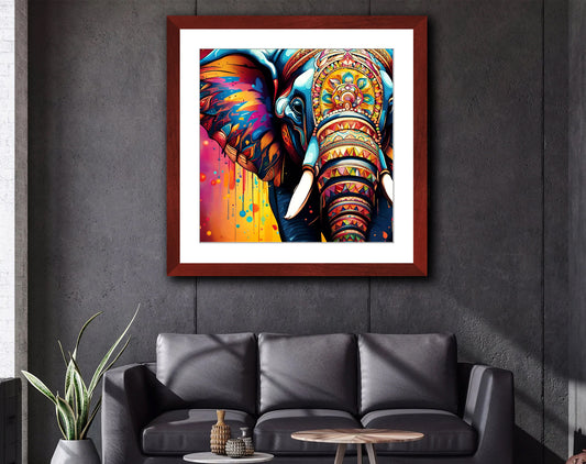 Stunning Multicolor Mandala Elephant Head Print on Archival Paper in Cherry Color Wood Frame 3 sizes available