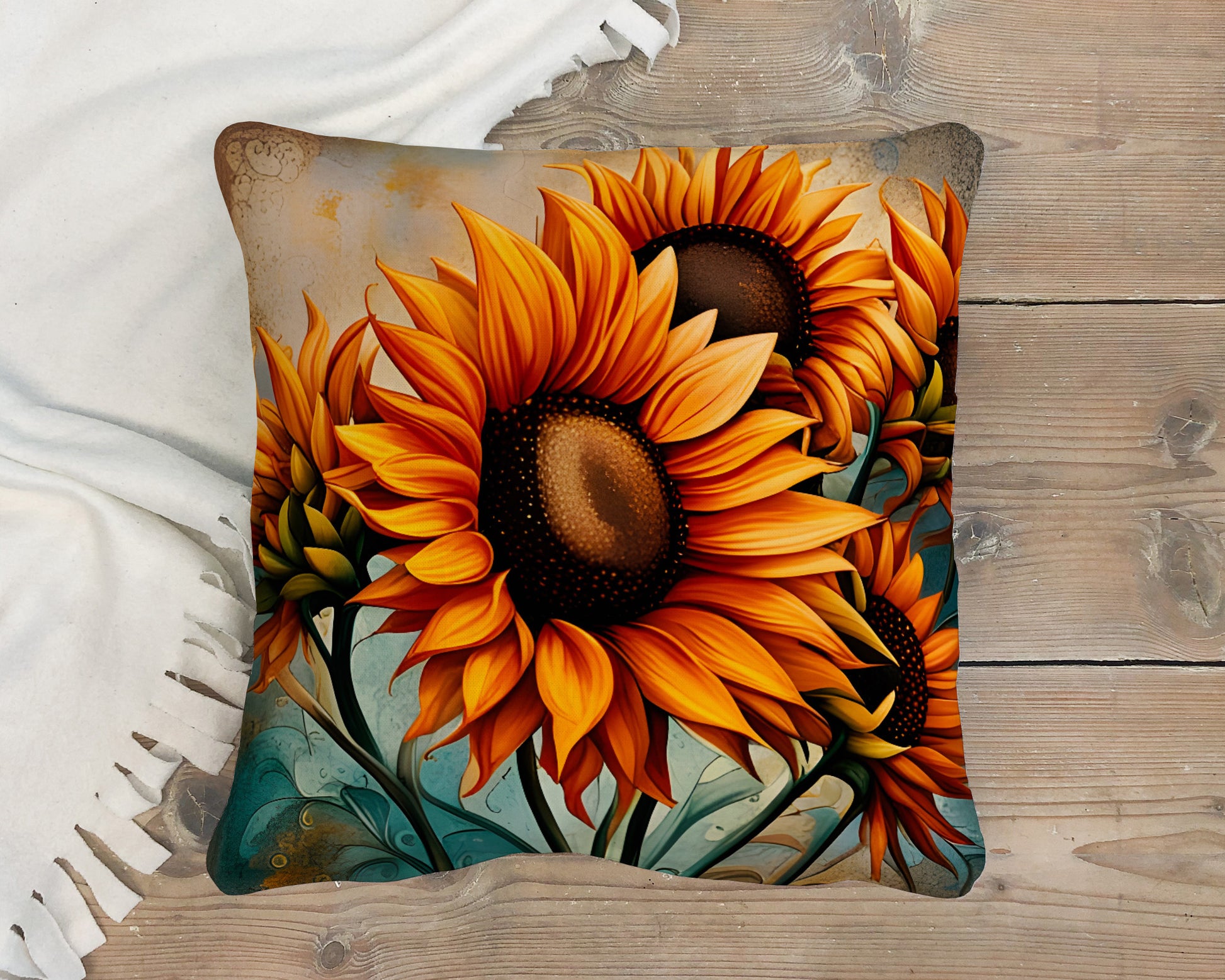 Sun Flowers Outdoor Pillows - Sunflower Crop on Distressed Blue and Copper Background Print - 2 Sizes Available