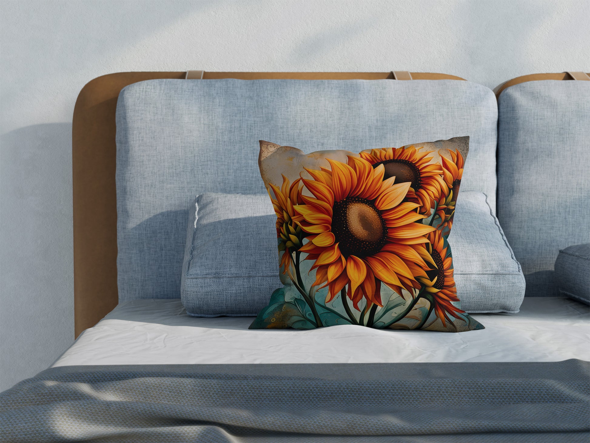 Sunflower Crop on Distressed Blue and Copper Background Print  on bed