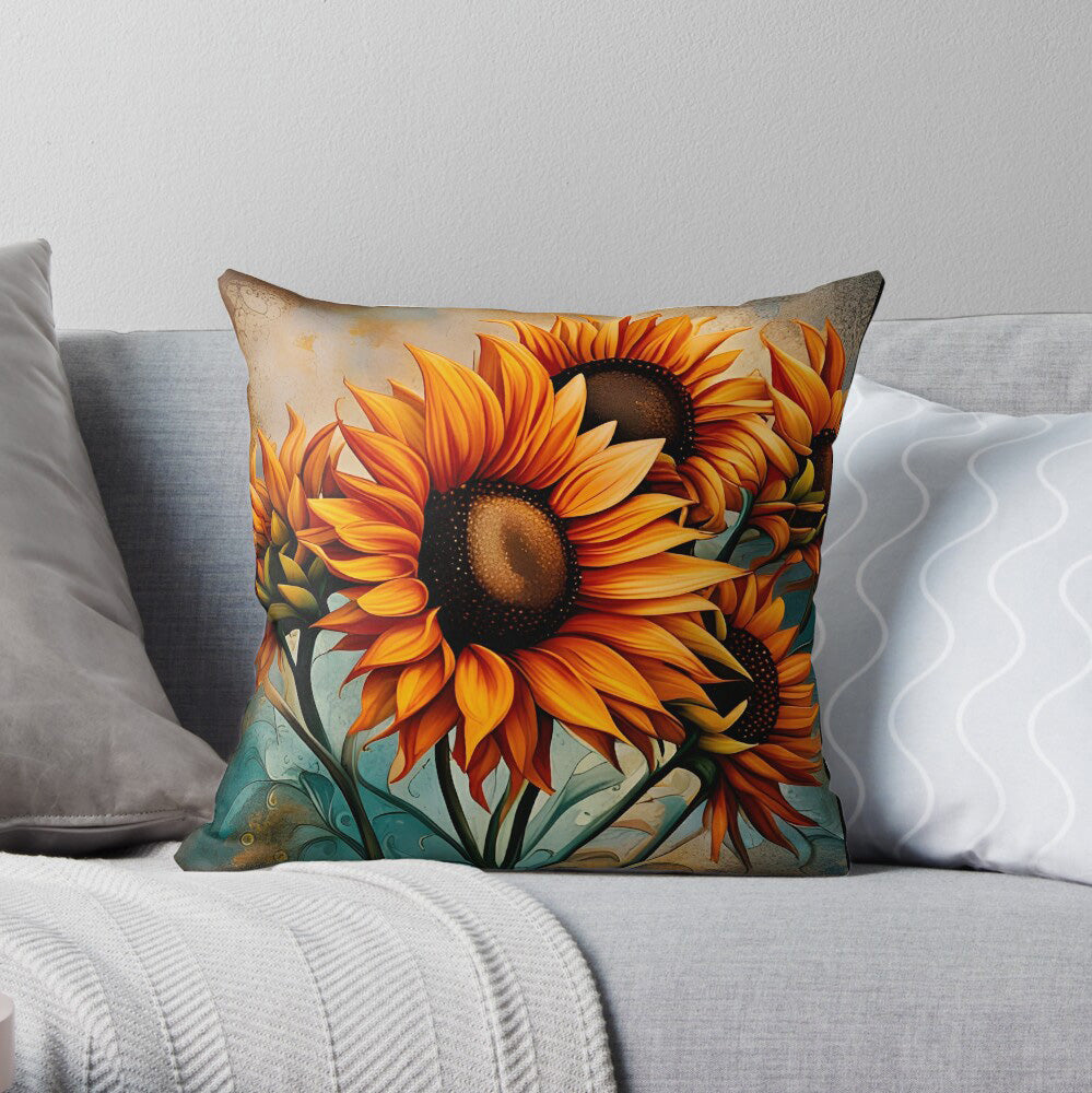 Sunflower Crop on Distressed Blue and Copper Background Print on sofa