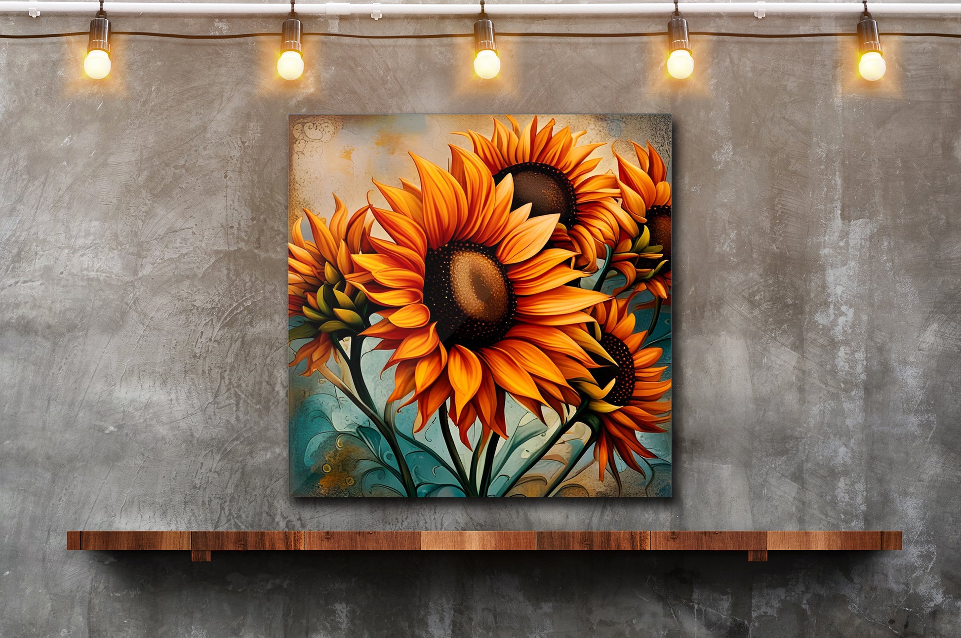 Sunflower Lovers Delight - Sunflower Crop on Distressed Blue and Copper Background Printed on Recycled Aluminum hung on wall
