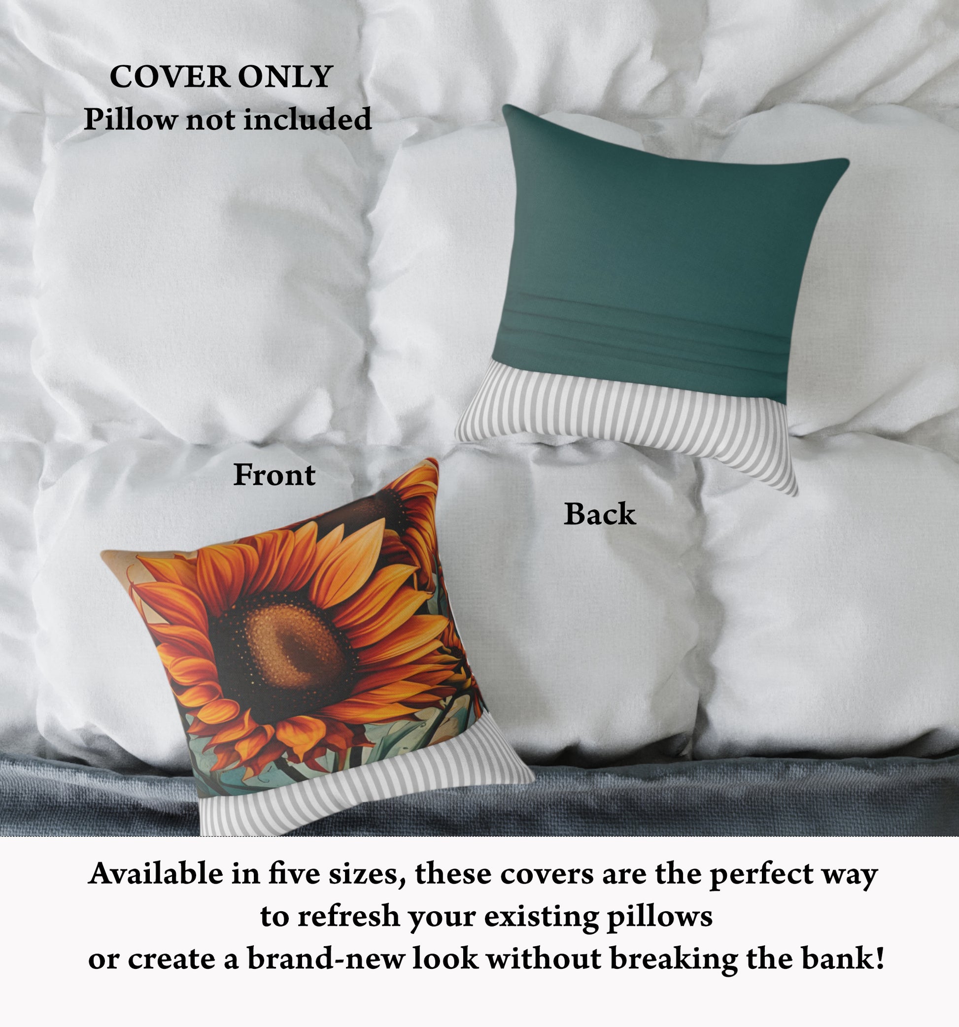 Sunflower Crop on Distressed Blue and Copper Background Print Square Pillow Cover front and back on bed
