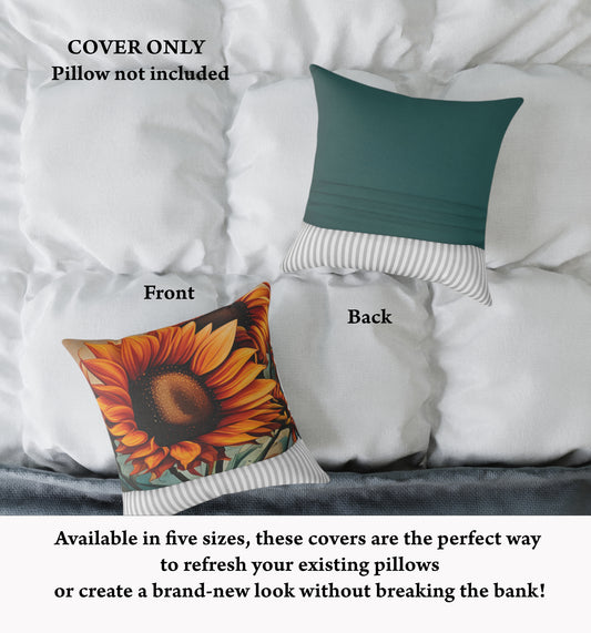 Sunflower Crop on Distressed Blue and Copper Background Print Square Pillow Cover front and back on bed