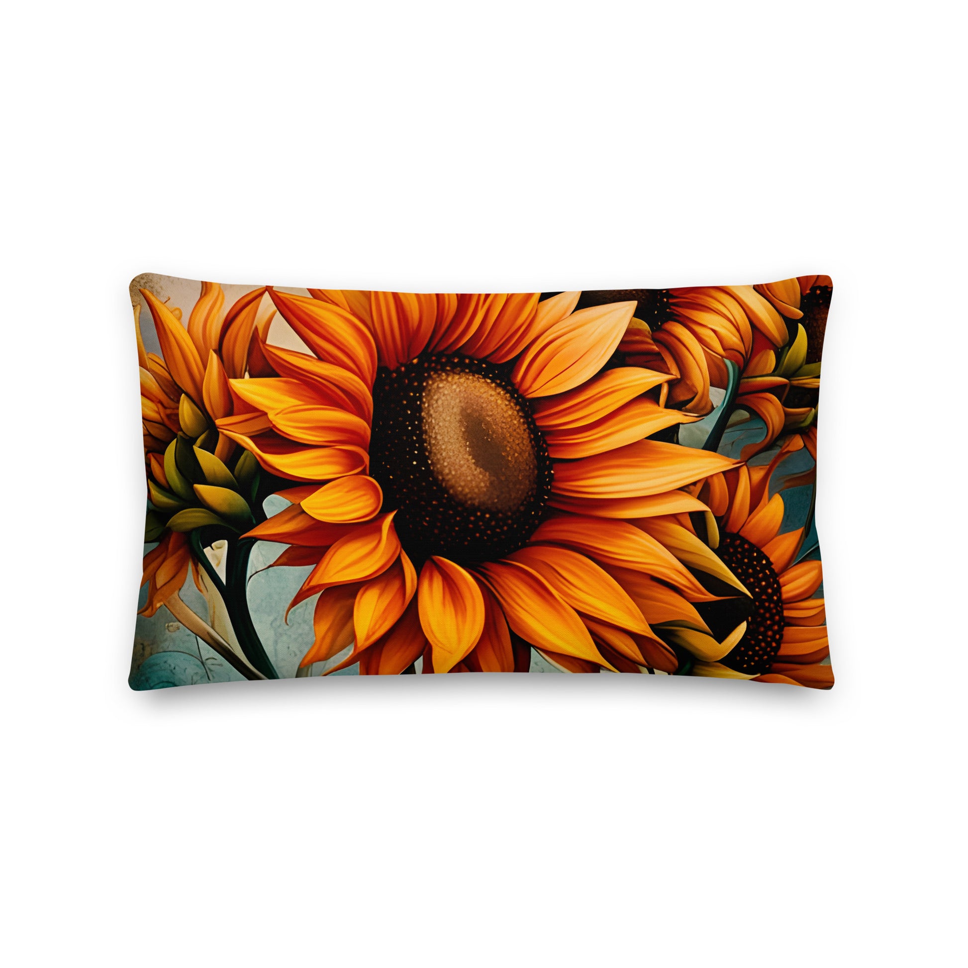 Floral Themed Premium Lumbar Pillow 20x12 - Sunflowers Crop on Distressed Blue and Copper Background Print