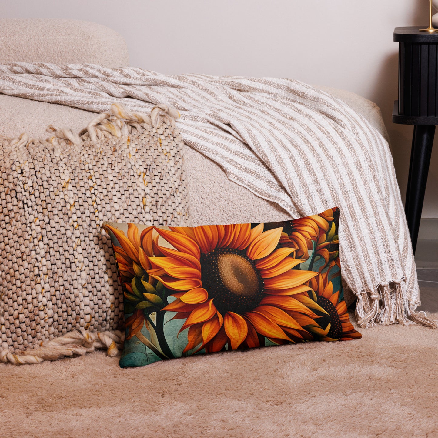 Floral Themed Premium Lumbar Pillow 20x12 - Sunflowers Crop on Distressed Blue and Copper Background Print on floor