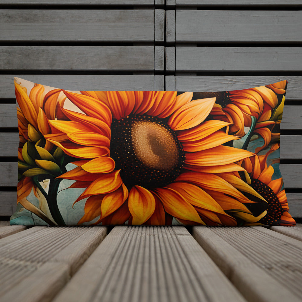Floral Themed Premium Lumbar Pillow 20x12 - Sunflowers Crop on Distressed Blue and Copper Background Print outside