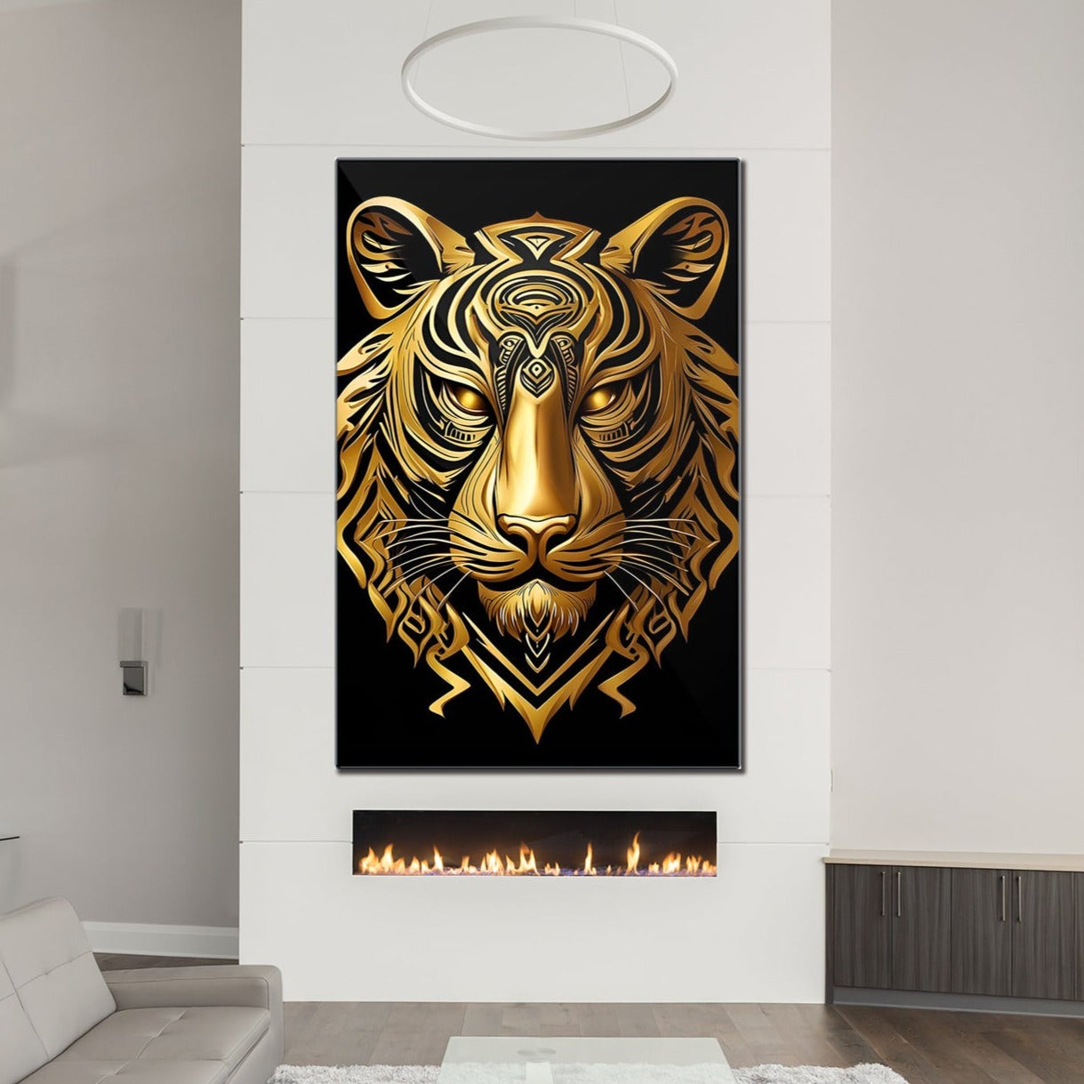 Gold Tribal Tiger Head Printed on Eco-Friendly Recycled Aluminum hung above fireplace