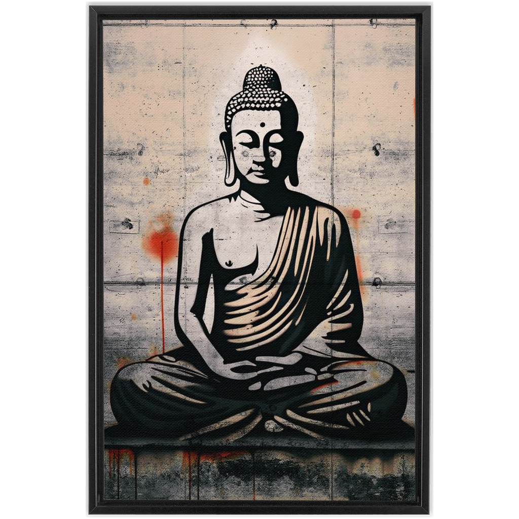 Grafitti Street Art in the Style of Banksy - Sitting Buddha on Distressed Concrete Slab Print on Canvas in a Floating Frame 26x40