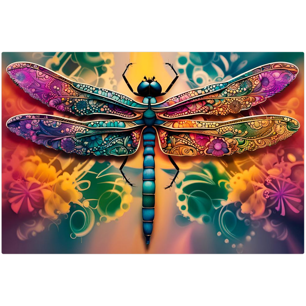 Psychedelic Dragonfly on Multicolor Background Printed on Eco-Friendly Recycled Aluminum 5 sizes available