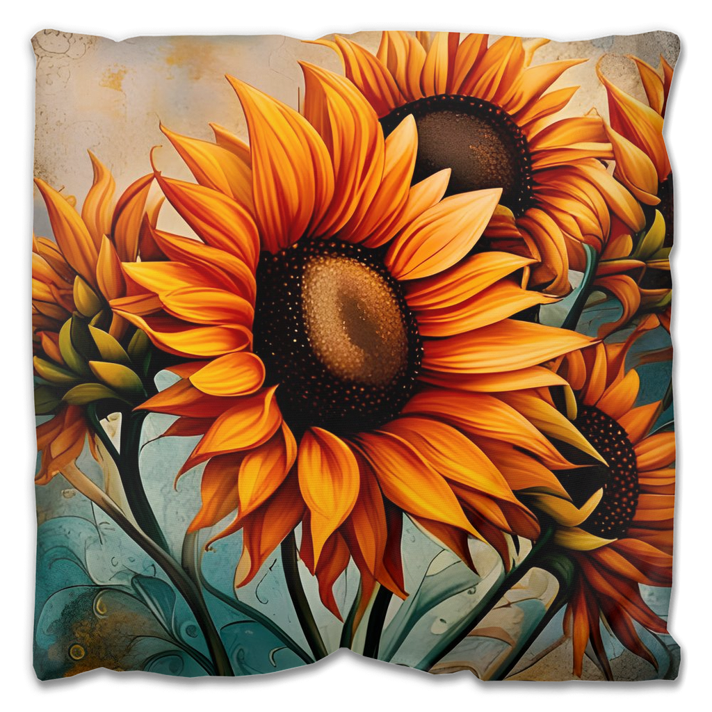 Sunflower Crop on Distressed Blue and Copper Background Print on outdoor pillow 16x16 front