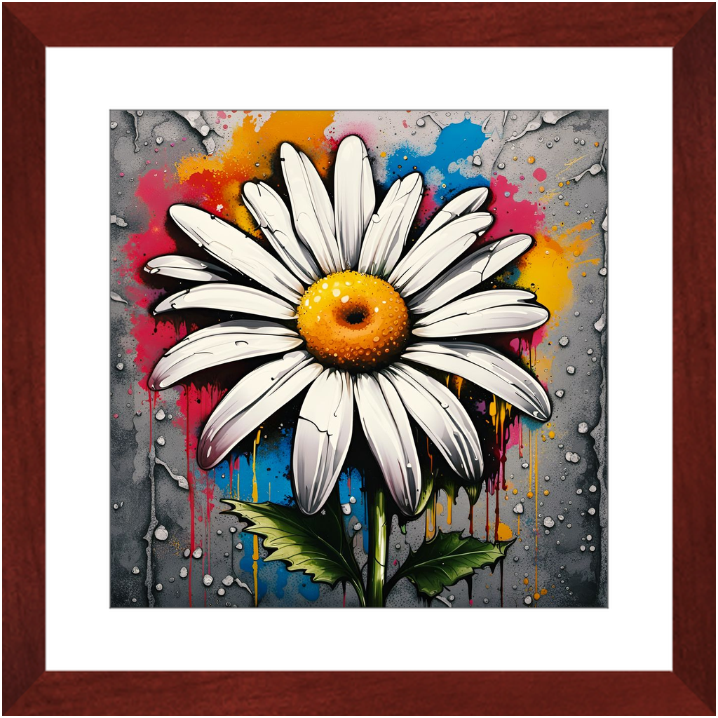 Street Art Style Daisy Print on Archival Paper in Cherry Color Wood Frame 16x16