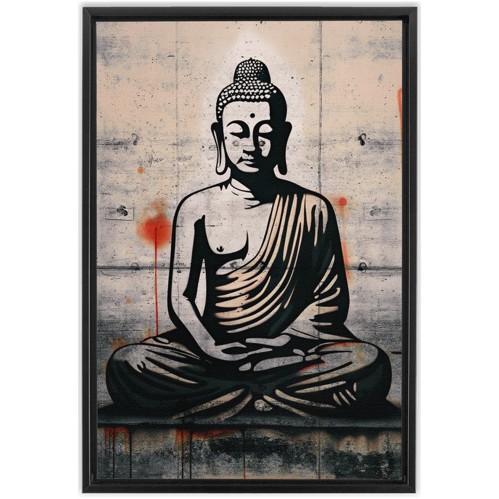 Grafitti Street Art in the Style of Banksy - Sitting Buddha on Distressed Concrete Slab Print on Canvas in a Floating Frame 20x30