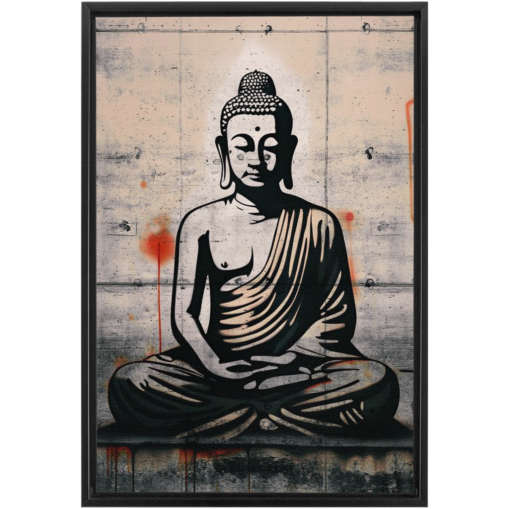 Grafitti Street Art in the Style of Banksy - Sitting Buddha on Distressed Concrete Slab Print on Canvas in a Floating Frame 32x48