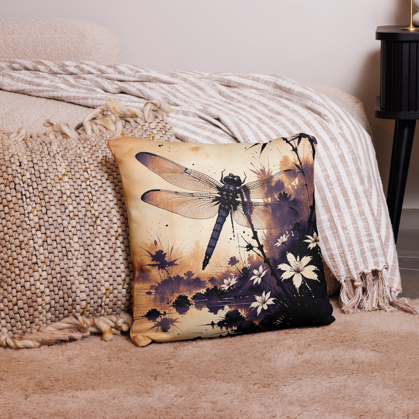 Dragonfly over Pond Japanese Ink Style Decorative Premium Pillow