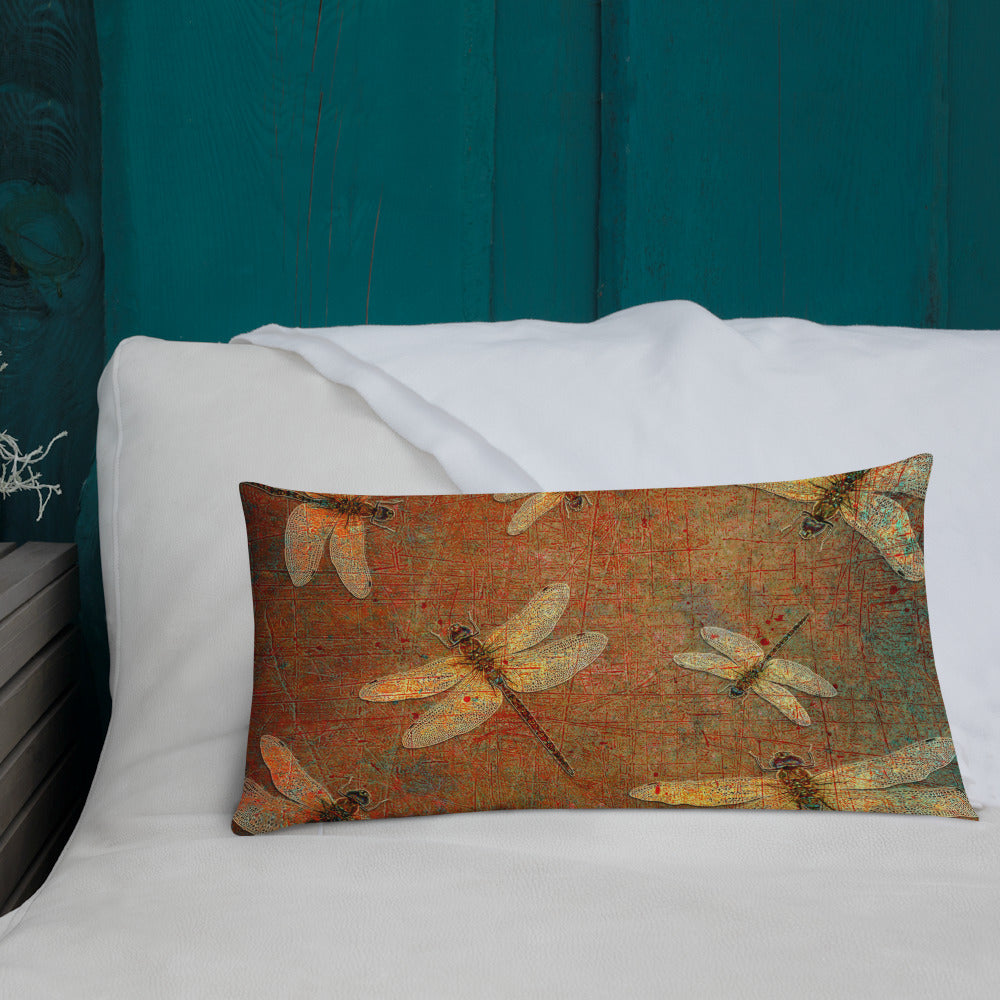 Double Sided Dragonflies Themed Premium Lumbar Pillow 20x12 - Golden Dragonflies on Orange and Green Background Print