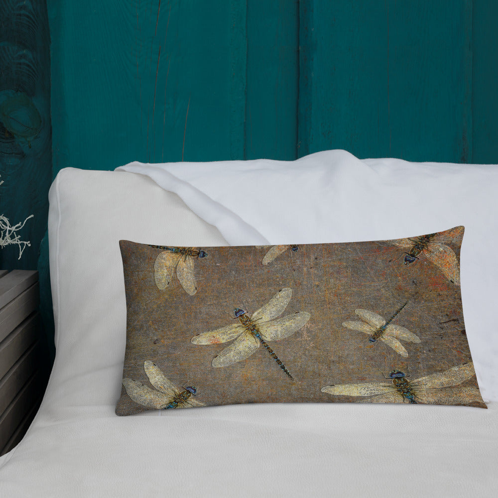 Dragonfly Themed Premium Lumbar Pillow 20x12 - Dragonflies on Distressed Background Print
