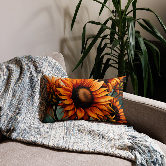Floral Themed Premium Lumbar Pillow 20x12 - Sunflowers Crop on Distressed Blue and Copper Background Print on sofa
