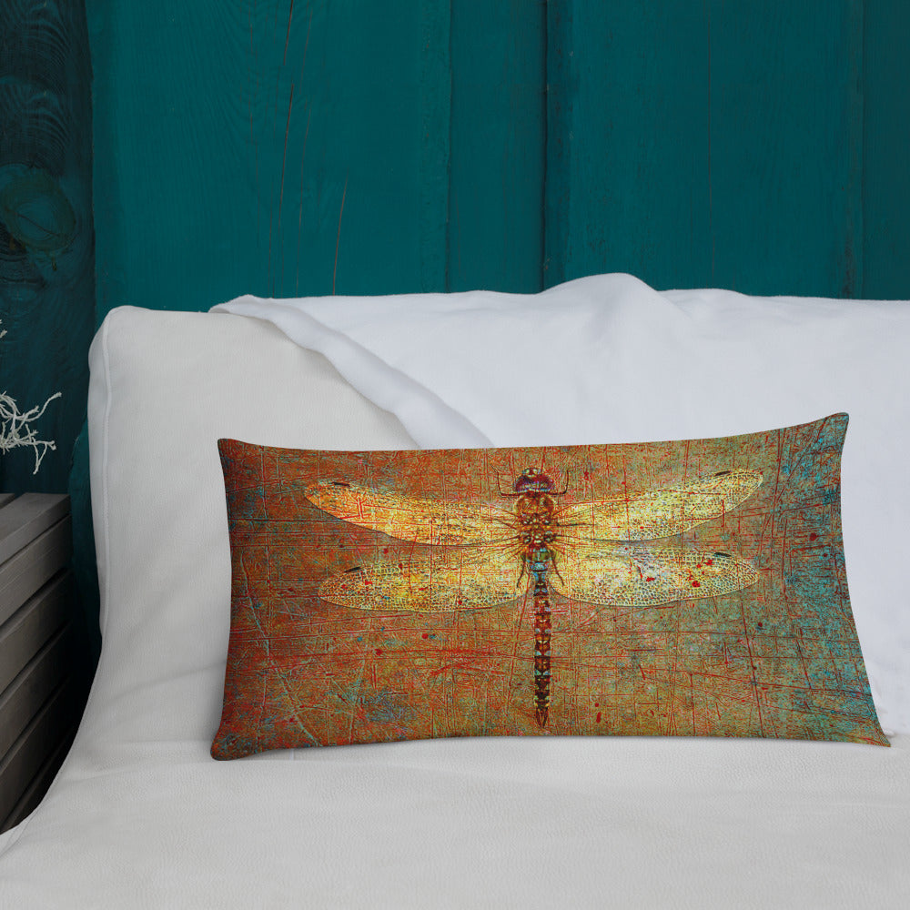 Double Sided Dragonflies Themed Premium Lumbar Pillow 20x12 - Golden Dragonflies on Orange and Green Background Front on white sheet