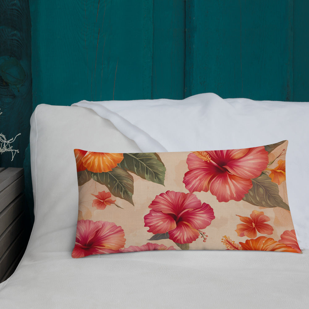 Premium Tropical Themed Lumbar Pillow 20x12 Pink and Orange Hibiscus Flowers Print on bed